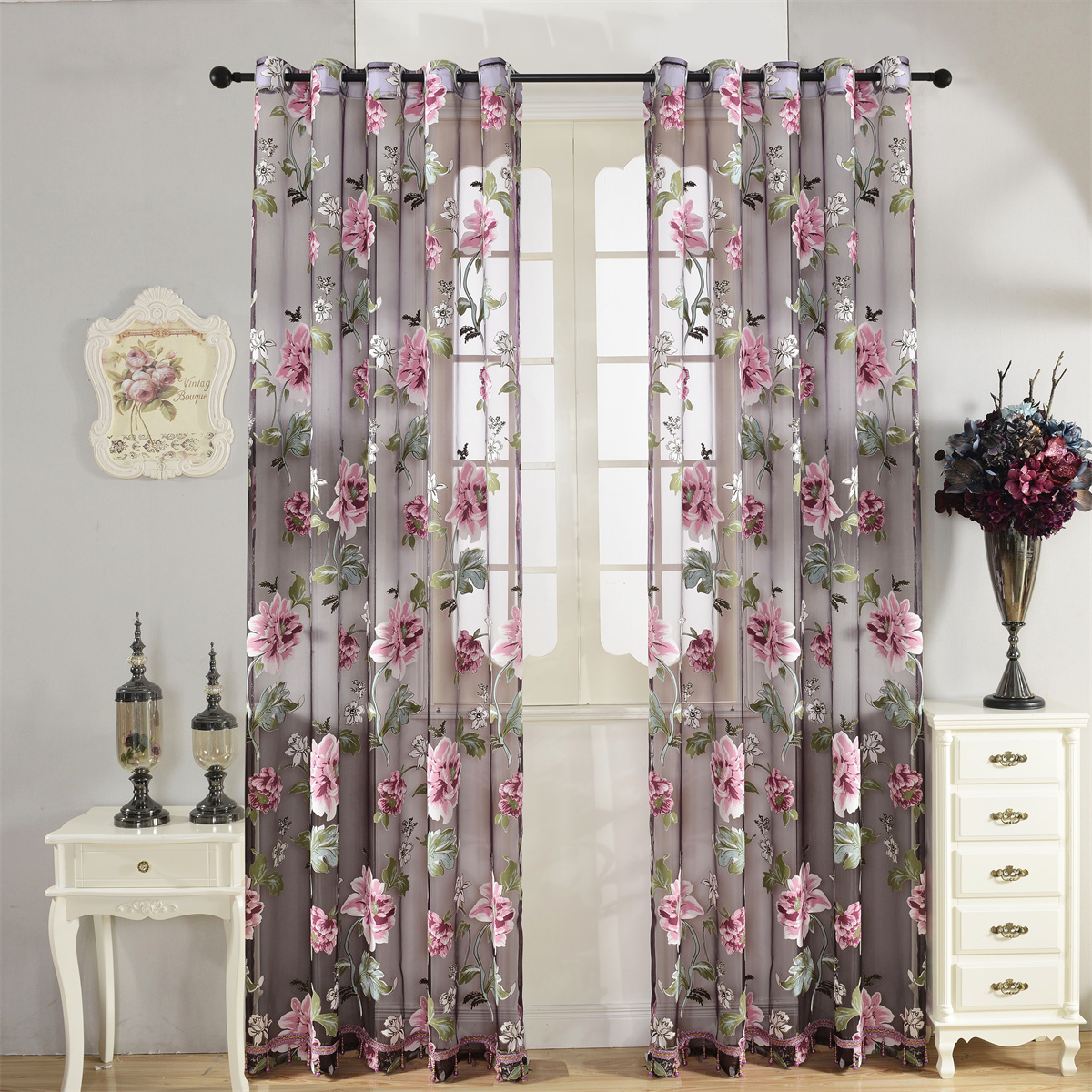 Home Decor Curtain - 2pcs Classic Peony Floral Yarn Curtains,