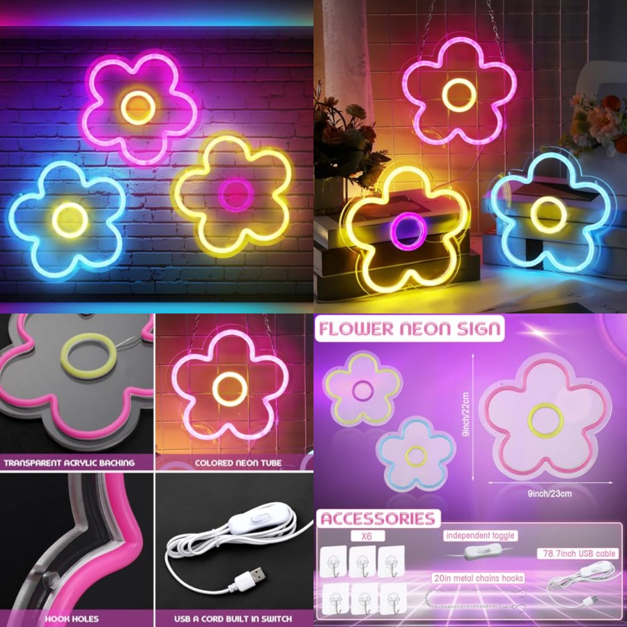 3 Pcs Flower Neon Sign Light u - Home Decor Retro บทวิจารณ์และราคา