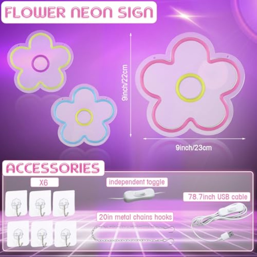 3 Pcs Flower Neon Sign Light u - Home Decor Retro บทวิจารณ์และราคา